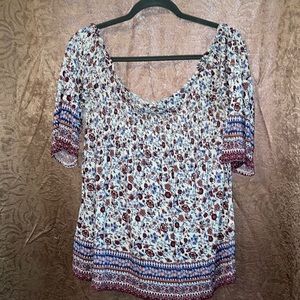 Stretch floral off the shoulder flared sleeve top